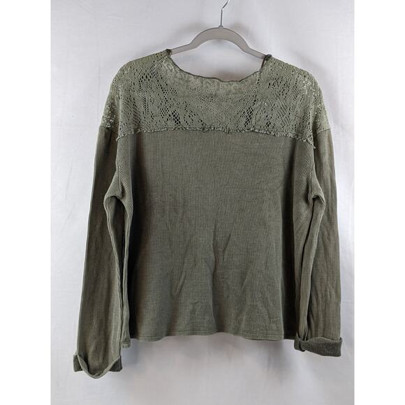 Knox Rose Thermal Lace Top Long Sleeve Green S Layer Boho Split V Neck Cuffed - Picture 6 of 9